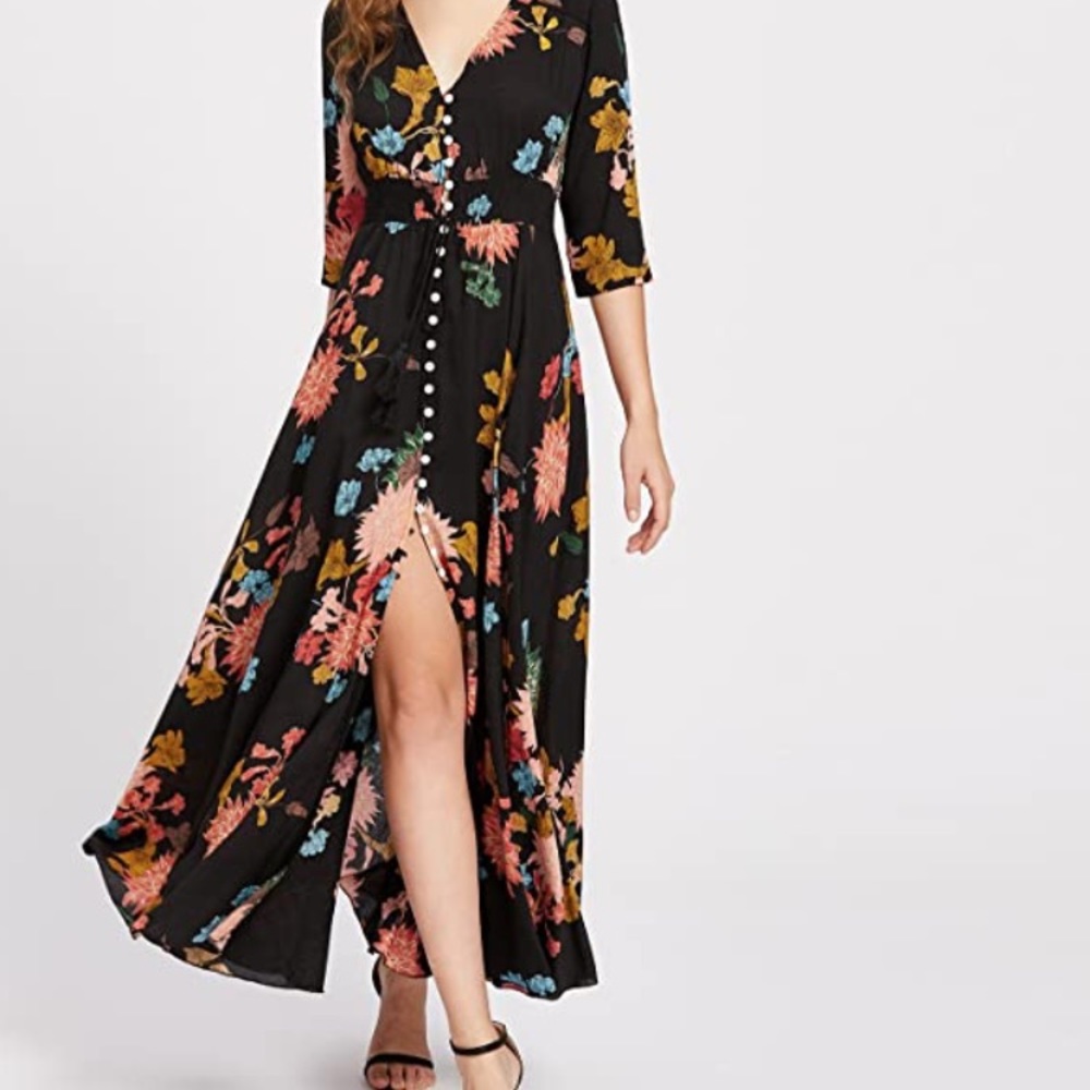 Milumia Button Up Split Floral Flowy Maxi Dress L
